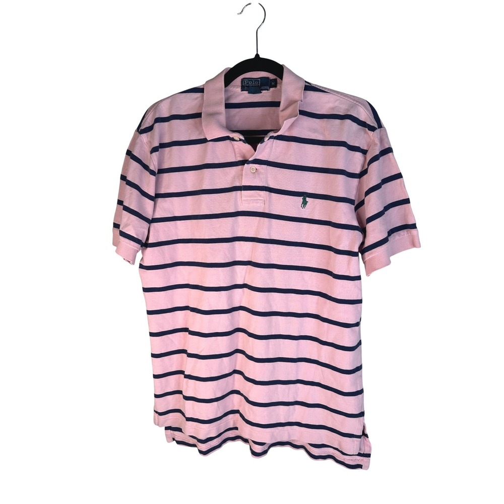 Polo Ralph Lauren Men's Pink Navy Blue Striped Short Sleeve Polo Shirt Medium